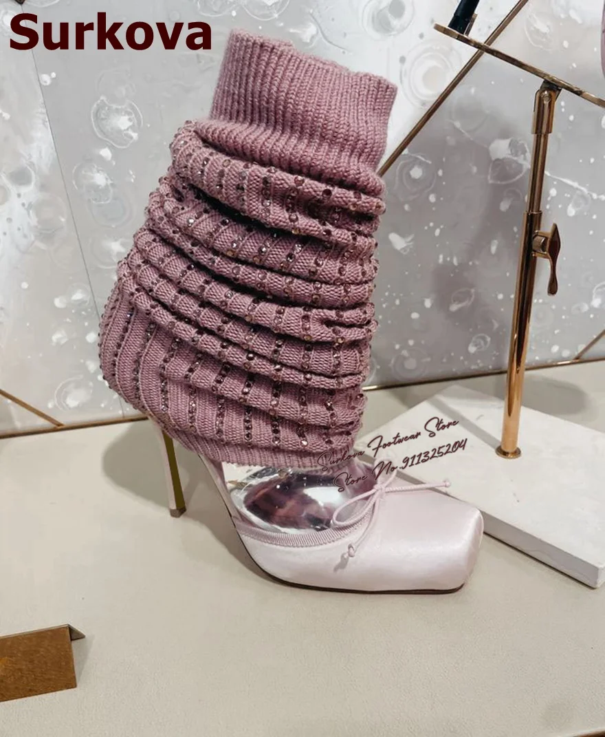 Pink Satin Butterfly-Knot Square Toe Mid-Calf Boots Long Socks Knitted Crystal Cool Boots Stiletto Heels Middle Sandal Boots
Pink Satin Butterfly-Knot Square Toe Mid-Calf Boots Long Socks Knitted Crystal Cool Boots Stiletto Heels Middle Sandal Boots
