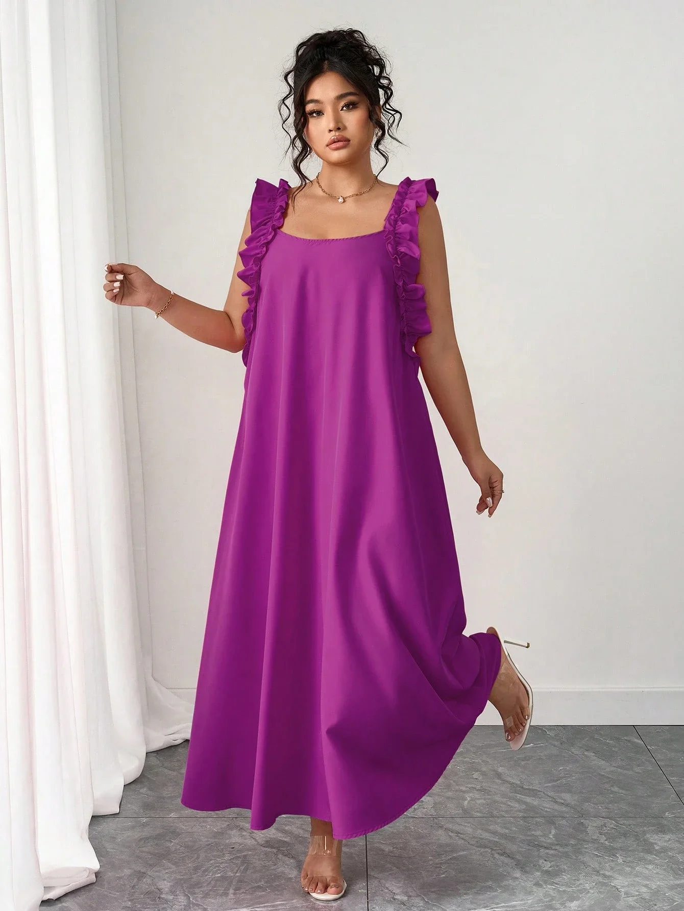 Elegant Solid Purple Ruffle Sleeve Floor Length Maxi Dress For Women
Elegant Solid Purple Ruffle Sleeve Floor Length Maxi Dress For Women