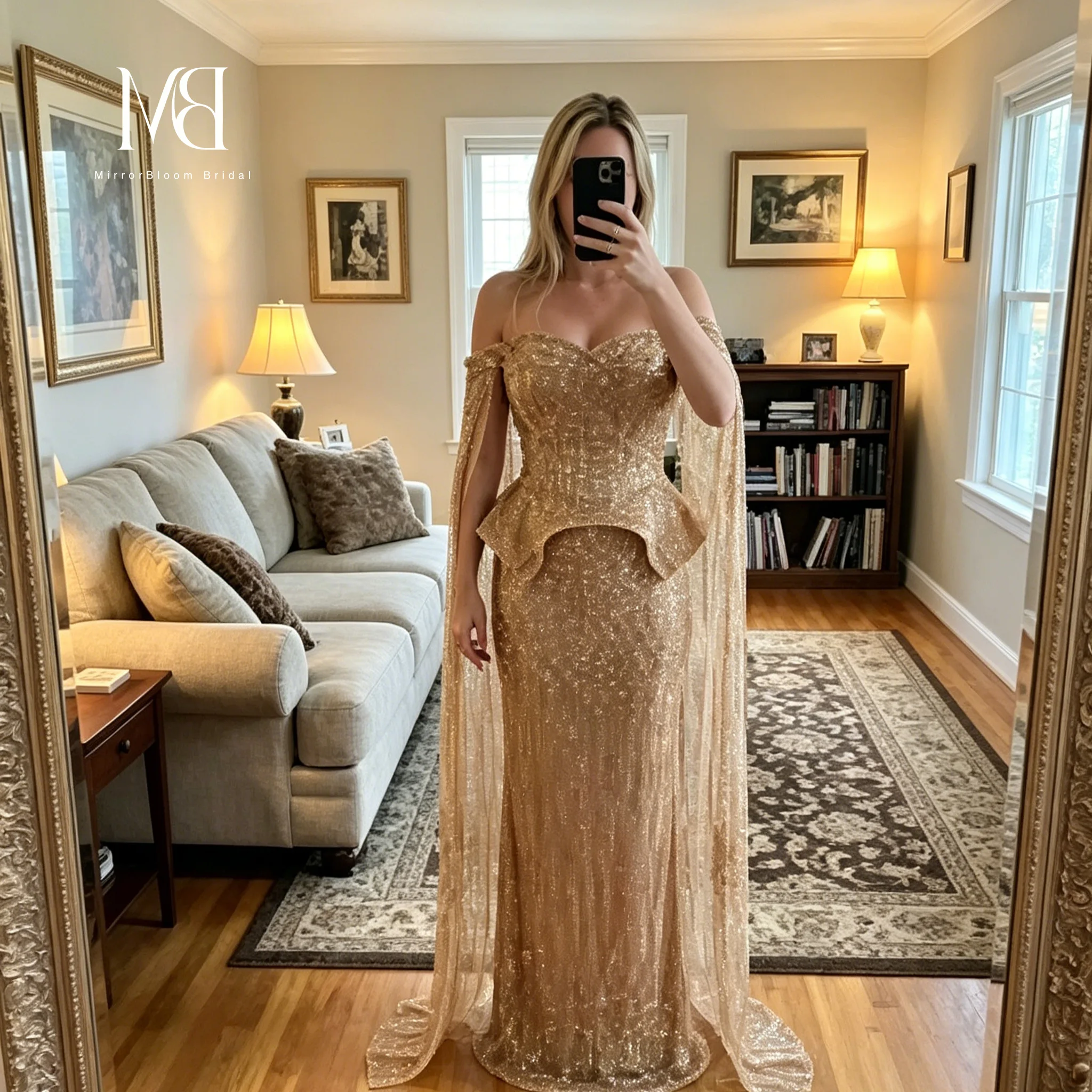 Luxury Gold Off-the-Shoulder Mermaid Evening Dress Women Sequin Floor-Length Formal Wedding Guest Prom Gown Cape Sleeves Custom
Luxury Gold Off-the-Shoulder Mermaid Evening Dress Women Sequin Floor-Length Formal Wedding Guest Prom Gown Cape Sleeves Custom