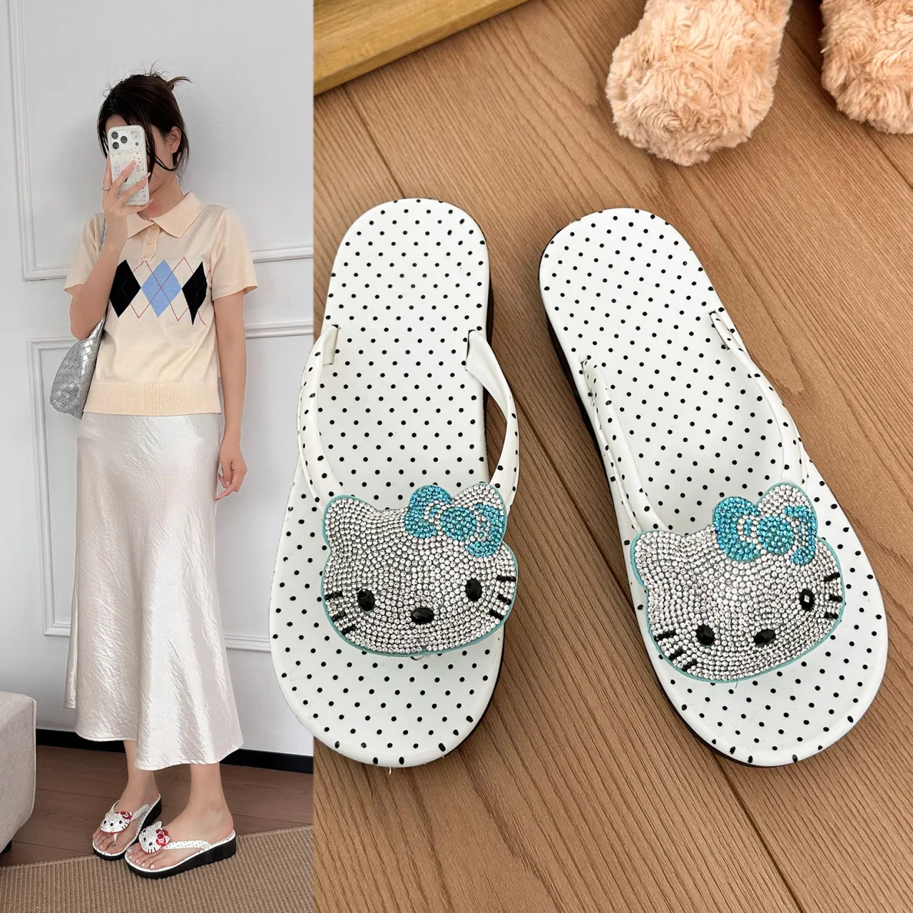 Cute Hello Kitty Polka Dot Flip Flops Women's Rhinestone Decor Flat Sandals White Black Dot Summer Slippers for Beach & Indoor
Cute Hello Kitty Polka Dot Flip Flops Women's Rhinestone Decor Flat Sandals White Black Dot Summer Slippers for Beach & Indoor