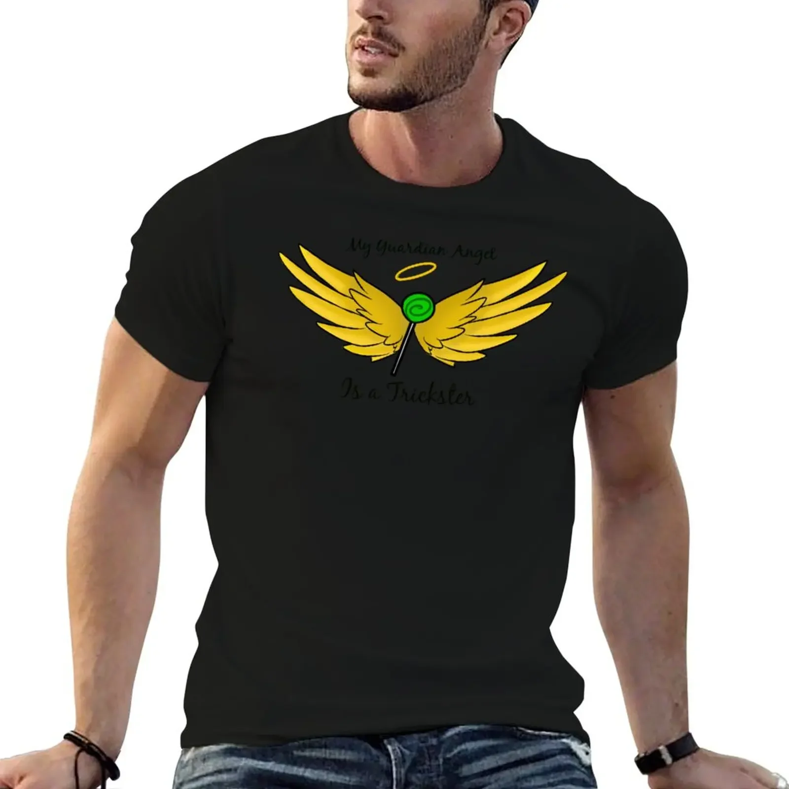 My Guardian Angel Is a Trickster BLACK TEXT T-Shirt Personalized t-shirt man clothes cute tops black t shirts for men
My Guardian Angel Is a Trickster BLACK TEXT T-Shirt Personalized t-shirt man clothes cute tops black t shirts for men