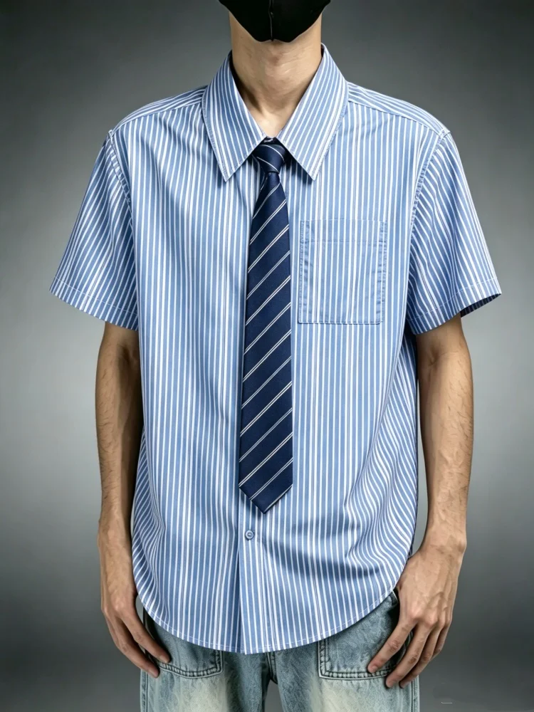 Mens Preppy Shirt With Tie Chest Pocket Blue White Stripe Print Diagonal Tie Loose Fit Summer Cityboy Streetwear Shirt
Mens Preppy Shirt With Tie Chest Pocket Blue White Stripe Print Diagonal Tie Loose Fit Summer Cityboy Streetwear Shirt