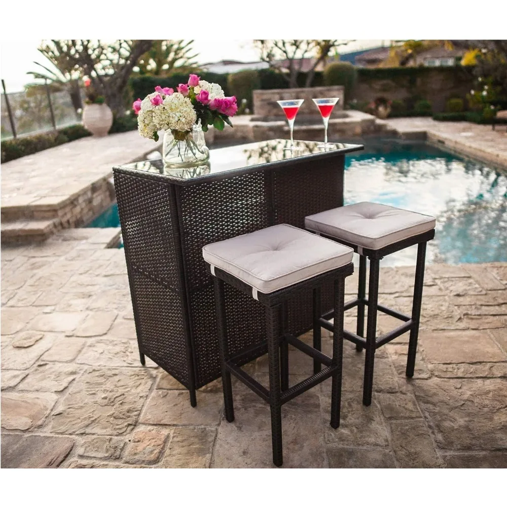 Outdoor Bar Set 3-Piece Brown Willow Courtyard Furniture - Glass Bar Counter and Two Cushioned Stools
Outdoor Bar Set 3-Piece Brown Willow Courtyard Furniture - Glass Bar Counter and Two Cushioned Stools