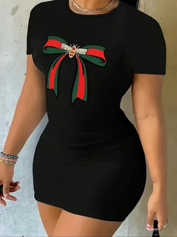Summer women's bee bow pattern printed casual bag buttocks slim fit short sleeved round neck T-shirt mini dress