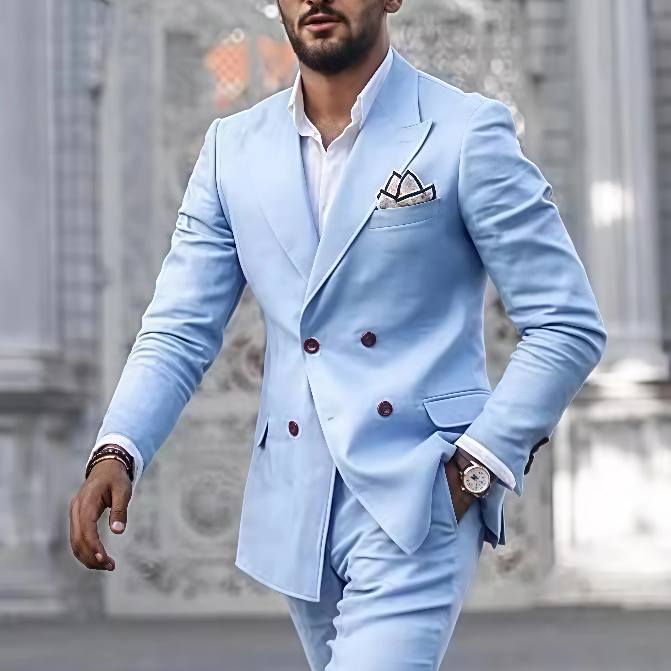 Двухсекционный двубортный небесно-голубой мужской свадебный костюм жениха, торжественный костюм, длинные брюки, костюм, облегающий мужской костюм, одежда
Двухсекционный двубортный небесно-голубой мужской свадебный костюм жениха, торжественный костюм, длинные брюки, костюм, облегающий мужской костюм, одежда
