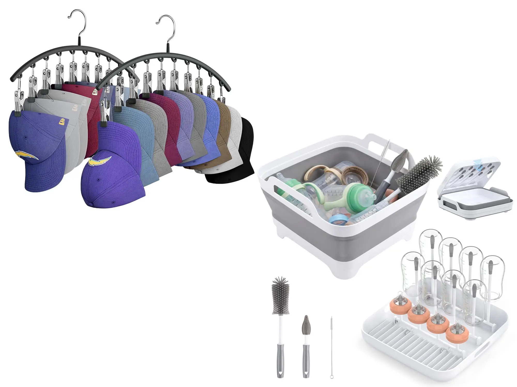 Space-Saving Dual-Use Organizer: Metal Cap Hanger Rack + Collapsible Wash Basin With Drying Stand For Hats And Feeding Bottles
Space-Saving Dual-Use Organizer: Metal Cap Hanger Rack + Collapsible Wash Basin With Drying Stand For Hats And Feeding Bottles