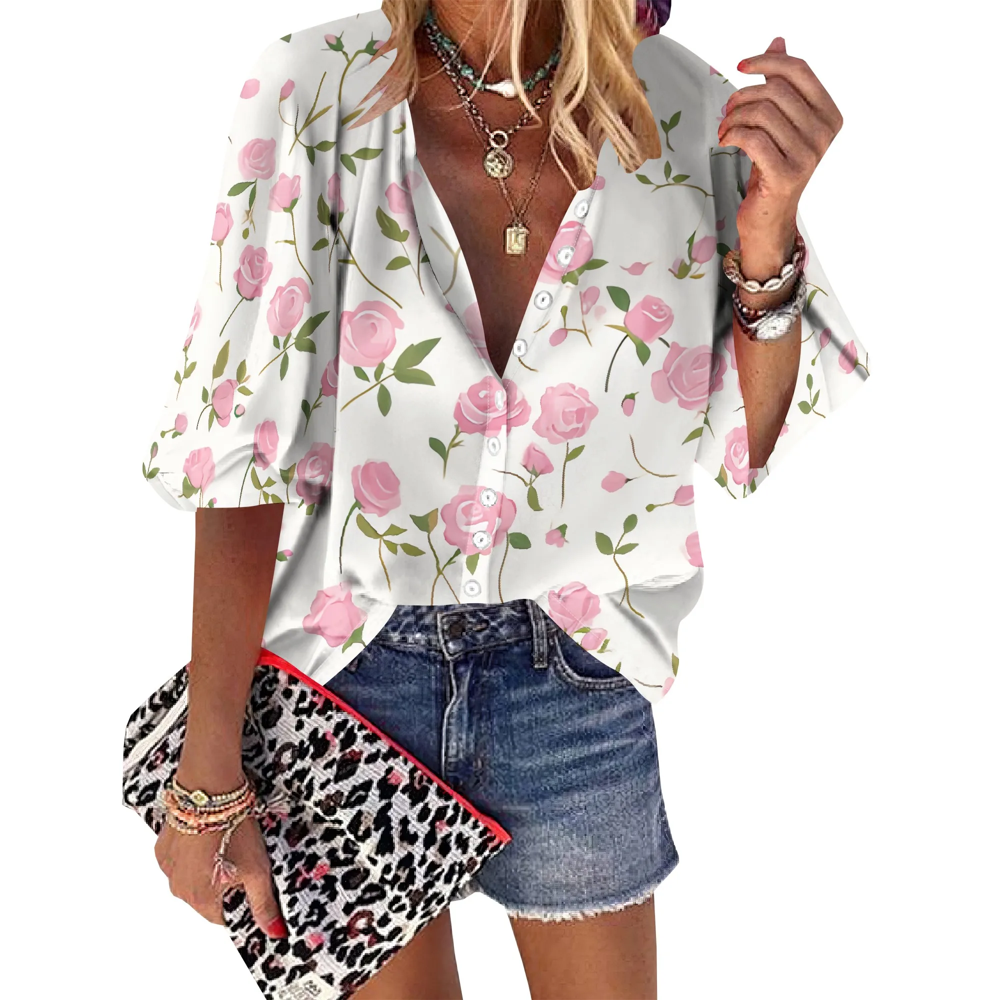 Women's Business Casual Vintage Dainty Pink Rose Florals Tops Summer 3/4 Sleeve Button Down Floral Shirts V Neck Blouses
Women's Business Casual Vintage Dainty Pink Rose Florals Tops Summer 3/4 Sleeve Button Down Floral Shirts V Neck Blouses
