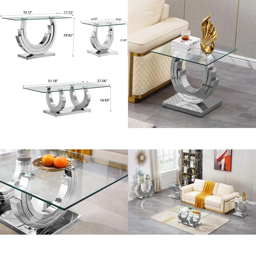 Luxury Silver Glass Coffee Table Set with 2 End Tables and 1 Console Table, featuring Ring-Shape Stainless Steel Base
Luxury Silver Glass Coffee Table Set with 2 End Tables and 1 Console Table, featuring Ring-Shape Stainless Steel Base