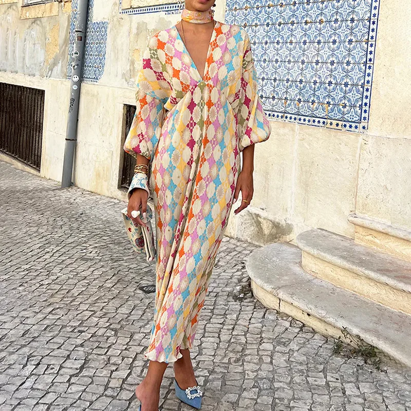 Women's Long Skirt Lantern Long Sleeves Elegant V-neck High Waist Straight Temperament Geometric Printed Party Dress
Women's Long Skirt Lantern Long Sleeves Elegant V-neck High Waist Straight Temperament Geometric Printed Party Dress