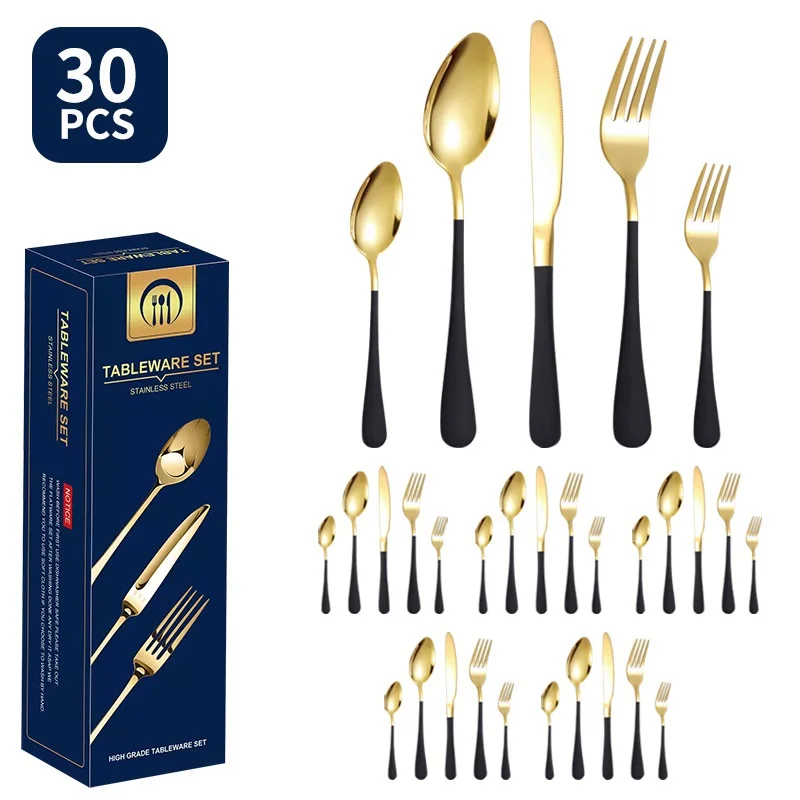 30 Pieces Titanium Coated Stainless Steel Tableware 5 Component Set Gold Tableware Wide Blade Steak Knife Fork Spoon Set
30 Pieces Titanium Coated Stainless Steel Tableware 5 Component Set Gold Tableware Wide Blade Steak Knife Fork Spoon Set
