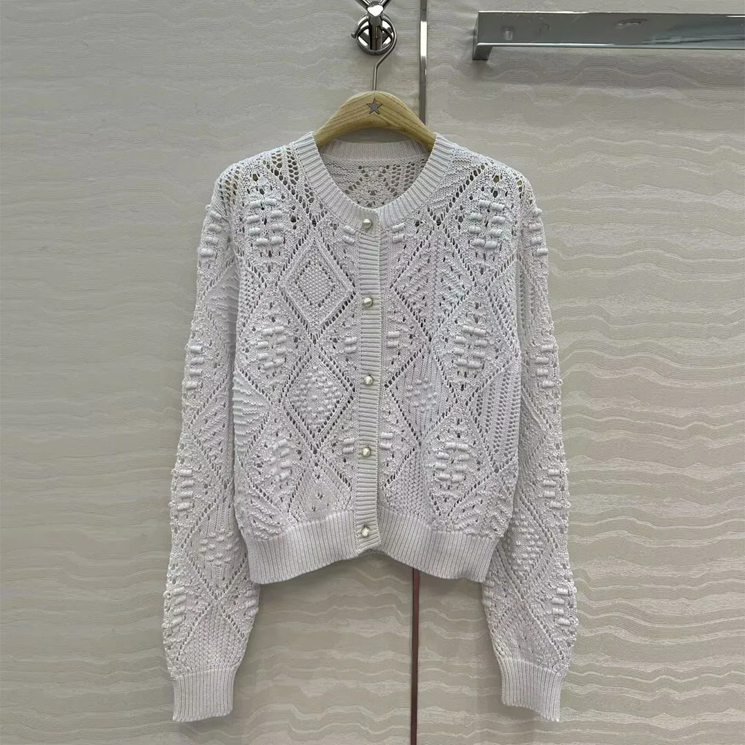 New Autumn Cotton Yarn Knitted Crochet Hollow Out Argyle Short Cardigans O-neck Long Sleeve Pearls Buttons Casual Cute Sweater
New Autumn Cotton Yarn Knitted Crochet Hollow Out Argyle Short Cardigans O-neck Long Sleeve Pearls Buttons Casual Cute Sweater