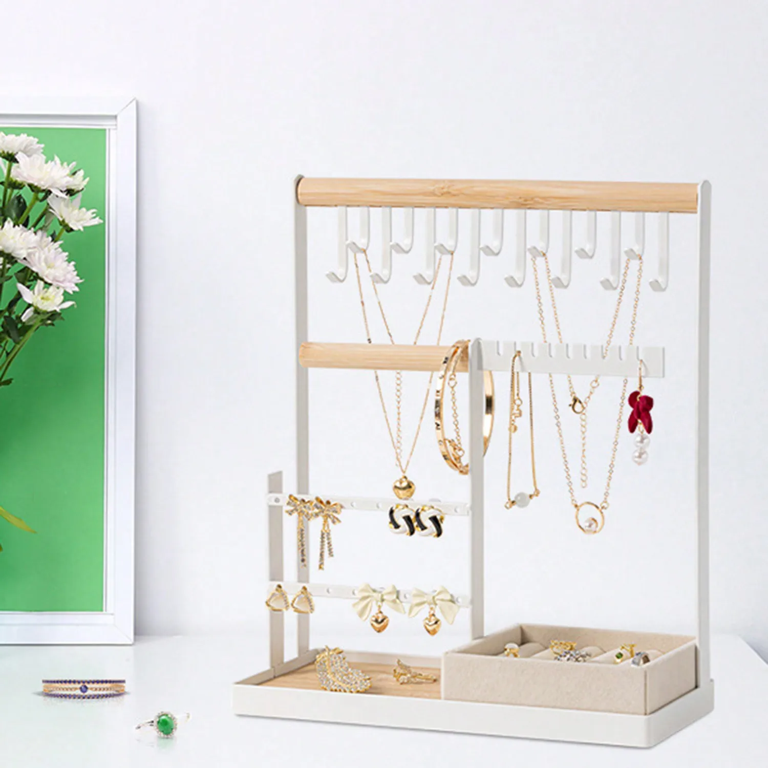 1pc Jewelry Organizer Include Velvet Ring Case, 4 Tier Jewelry Holder Organizer With 16 Holes For Earring Organizer, Jewelry Stand With 15 Hooks Necklace Organizer And Bracelet Holder
1pc Jewelry Organizer Include Velvet Ring Case, 4 Tier Jewelry Holder Organizer With 16 Holes For Earring Organizer, Jewelry Stand With 15 Hooks Necklace Organizer And Bracelet Holder