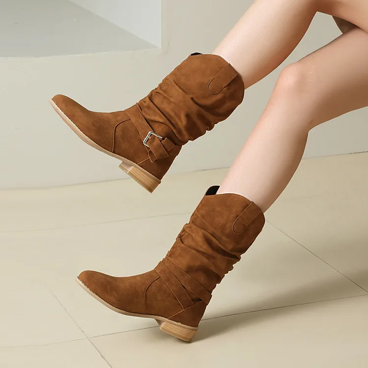 Ladies Flat Low Heel Mid-Calf Boots Brown Faux Suede Buckle Strap Short Booties
Ladies Flat Low Heel Mid-Calf Boots Brown Faux Suede Buckle Strap Short Booties