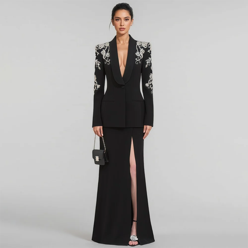 2-piece Black Suit Evening Dress Deep V-Neck Long Sleeves Crystal Evening Gowns Mermaid Slit Formal Party Dresses Customized
2-piece Black Suit Evening Dress Deep V-Neck Long Sleeves Crystal Evening Gowns Mermaid Slit Formal Party Dresses Customized