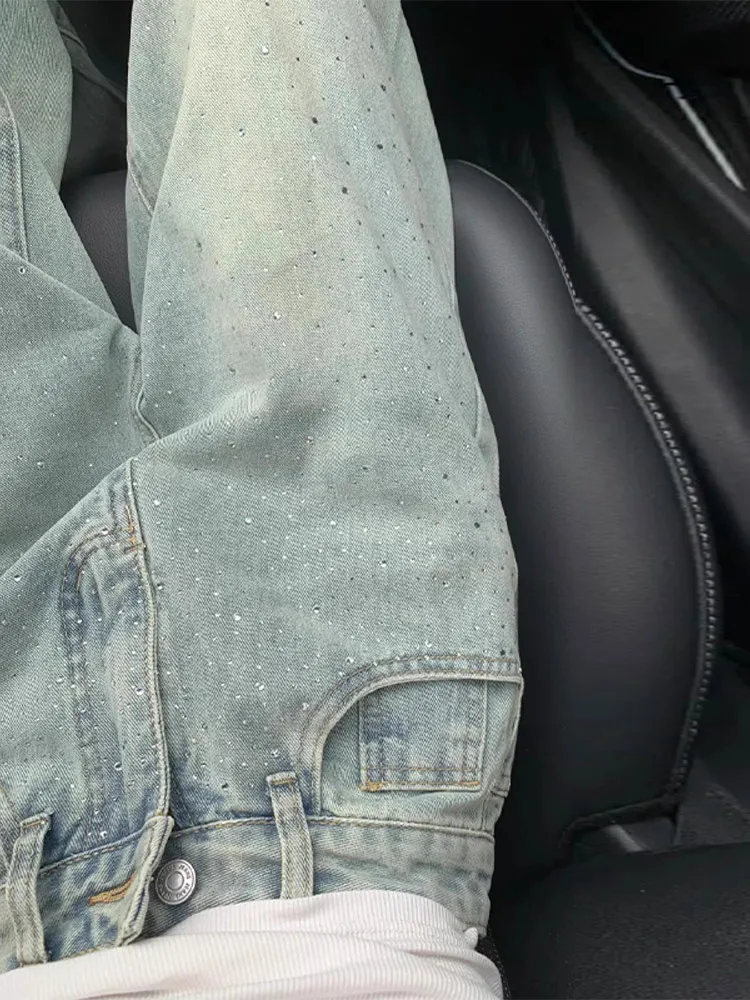 Shiny Rhinestone Full Diamond Women Denim Trousers Light Blue Low Waist Straight Baggy Jeans Dragging Washed Distressed Pants 
Shiny Rhinestone Full Diamond Women Denim Trousers Light Blue Low Waist Straight Baggy Jeans Dragging Washed Distressed Pants