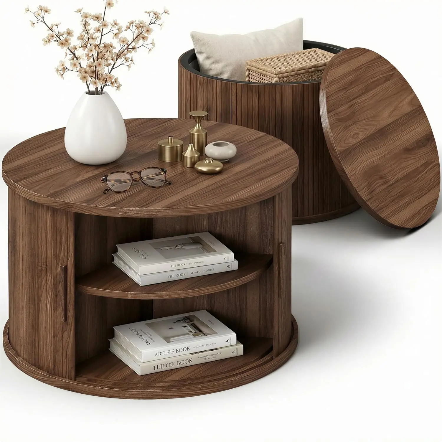 Round Coffee Table Set of 2, Fluted Coffee Table and End Table with Storage, Wood Center Tables with Sliding, Customized
Round Coffee Table Set of 2, Fluted Coffee Table and End Table with Storage, Wood Center Tables with Sliding, Customized
