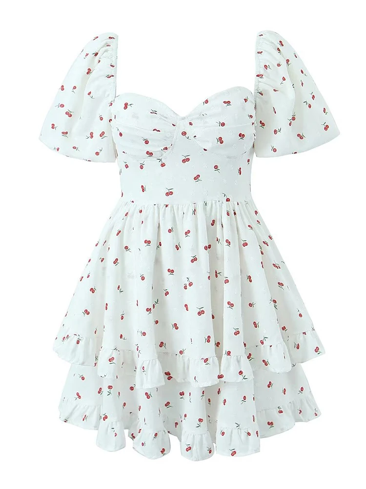 Summer Women Sexy Corset Style Slim Waist Cherry Print Dress Vintage Lantern Sleeve Hem Ruffle Ladies Summer Party Mini Robe
Summer Women Sexy Corset Style Slim Waist Cherry Print Dress Vintage Lantern Sleeve Hem Ruffle Ladies Summer Party Mini Robe