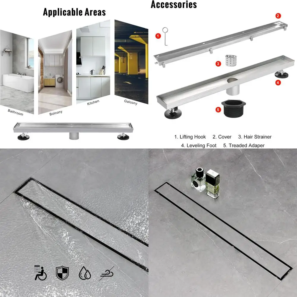 30 Dual-Function Linear Shower Drain in Brushed Stainless Steel with Flat and Tile Insert, Hair Catcher, and Adjustable Feet
30 Dual-Function Linear Shower Drain in Brushed Stainless Steel with Flat and Tile Insert, Hair Catcher, and Adjustable Feet