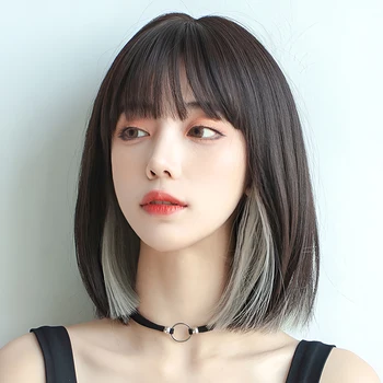 여성용 짧은 머리 가발 머리띠, 전체 머리띠 스타일, 중간 색상, 스트레이트 헤드, 중간 헤어, 내부 색상 가발 커버, 12 인치