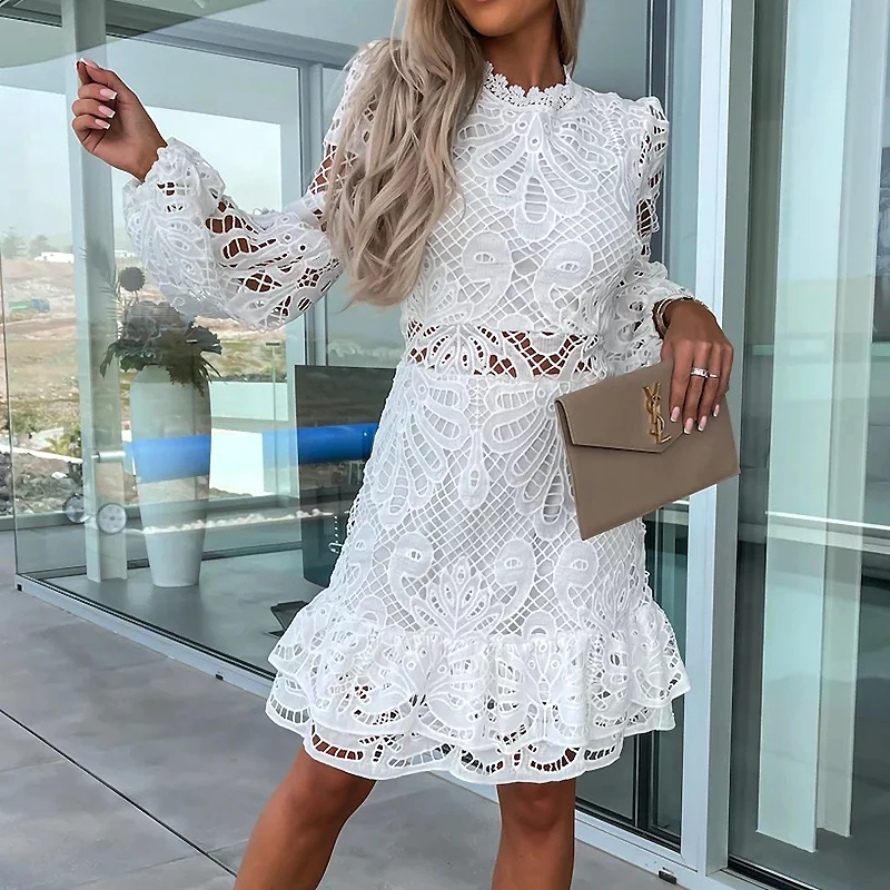 Elegant Women O-neck Solid Slim Ruffle Dress New Spring Lace Embroidery Dress Sexy Hollow Long Sleeves Back Zipper Party Dresses
Elegant Women O-neck Solid Slim Ruffle Dress New Spring Lace Embroidery Dress Sexy Hollow Long Sleeves Back Zipper Party Dresses