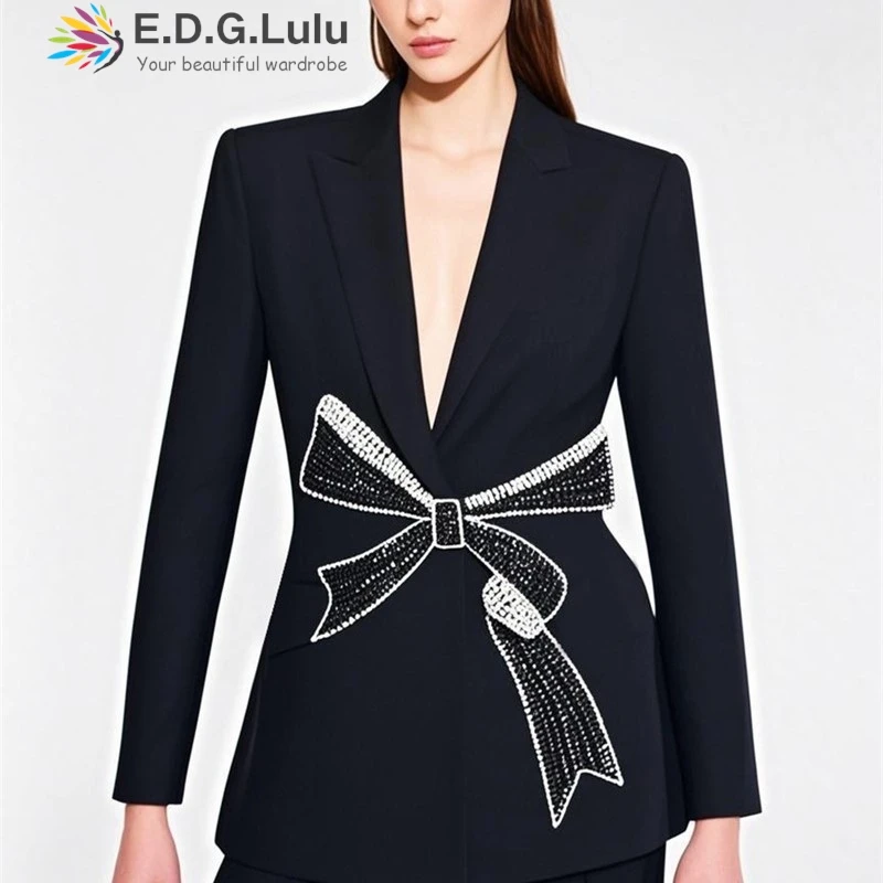 EDGLuLu 2025 Spring New Design Sequin Bow Black Blazer Ladies Turn-Down Collar Long Sleeves Black White Suit Jacket 0307
EDGLuLu 2025 Spring New Design Sequin Bow Black Blazer Ladies Turn-Down Collar Long Sleeves Black White Suit Jacket 0307
