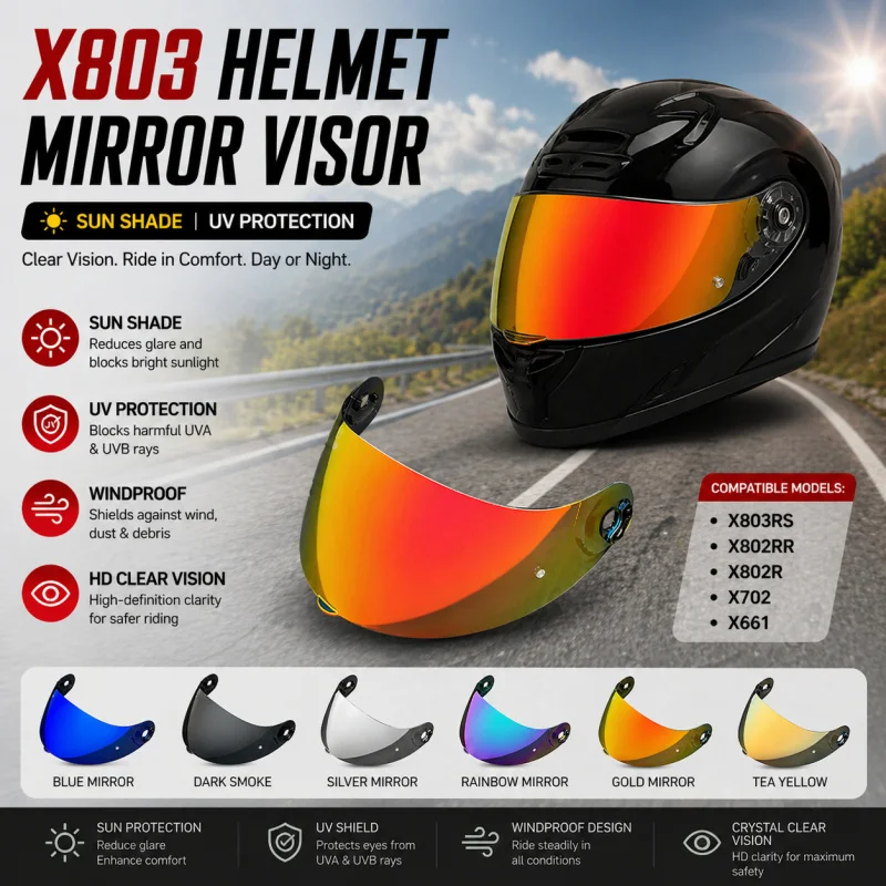 X803 Helmet Visor for X803RS/X802RR/X802R/X702/X661, Electroplated Mirror Lens, UV Protection Sunshade, Anti-Glare Windproof
X803 Helmet Visor for X803RS/X802RR/X802R/X702/X661, Electroplated Mirror Lens, UV Protection Sunshade, Anti-Glare Windproof