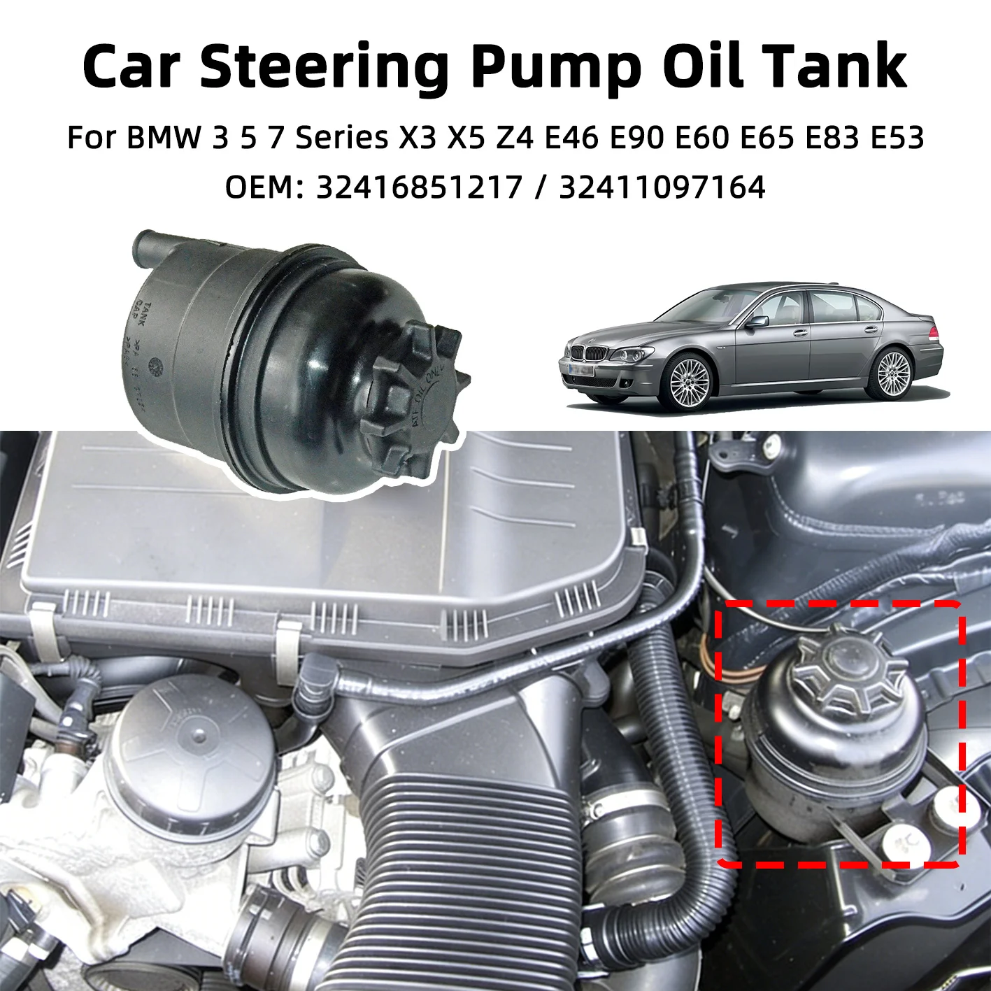 Car Steering Pump Oil Tank Replacement, Power Steering Fluid Reservoir for BMW 3 5 7 Series X3 X5 Z4 E46 E90 E60 32416851217
Car Steering Pump Oil Tank Replacement, Power Steering Fluid Reservoir for BMW 3 5 7 Series X3 X5 Z4 E46 E90 E60 32416851217