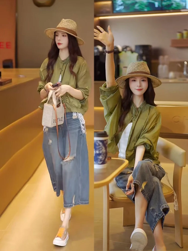 Summer New Style Ultra Popular Olive Green Sun Protection Coat And Jeans Set Commuter Style Women's Fashion Set High Waist Jeans
Summer New Style Ultra Popular Olive Green Sun Protection Coat And Jeans Set Commuter Style Women's Fashion Set High Waist Jeans