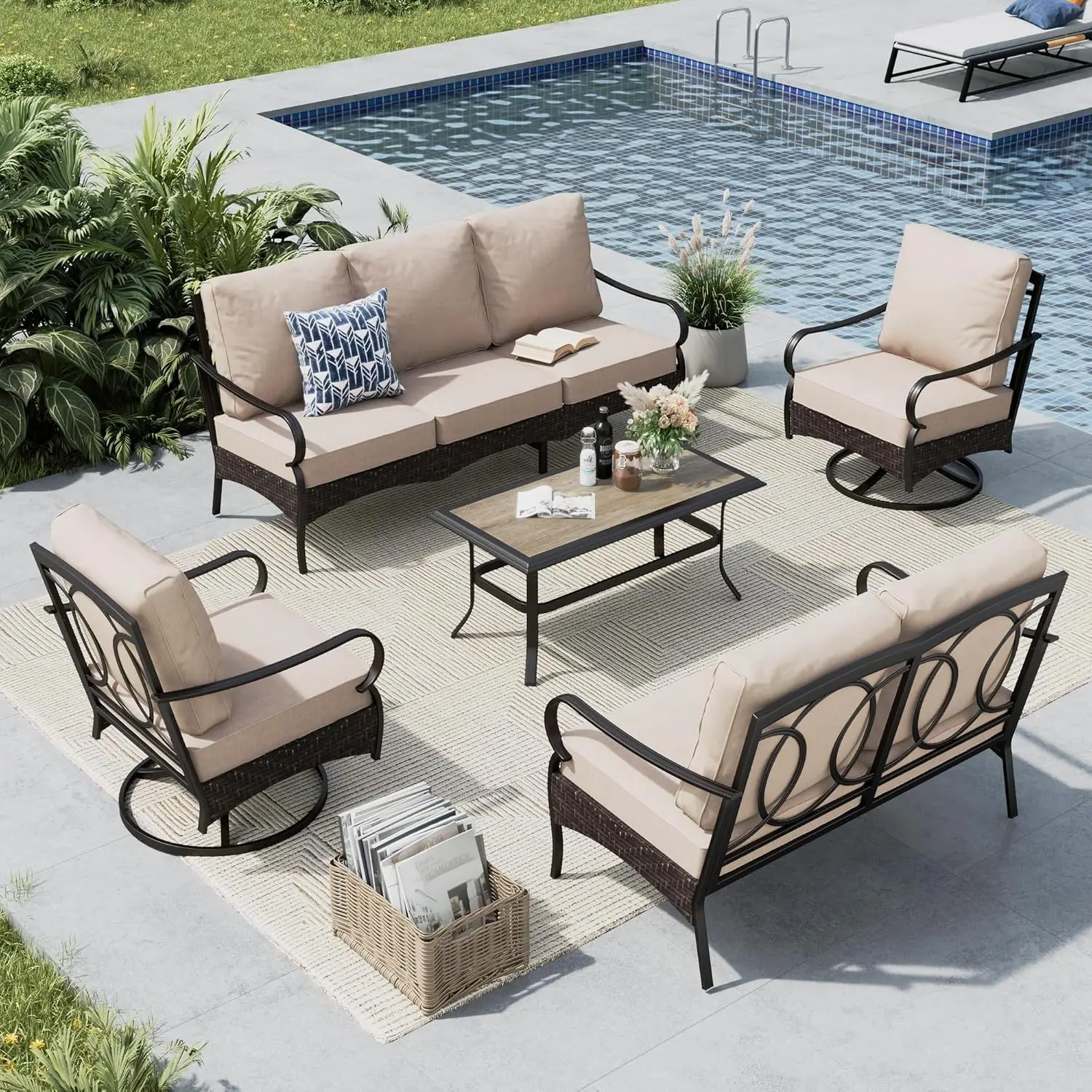 5 PCS Outdoor Patio Furniture Set, Metal Outdoor Conversation Set, Rattan Wicker Patio Sectional Sofa Set With 2 X, Customized