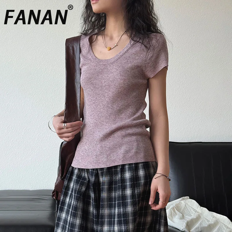 FANAN Knitting Short Sleeve T-shirt For Women Round Neck Gathered Waist Slim Tops Casual Female Clothing 2025 Summer New
FANAN Knitting Short Sleeve T-shirt For Women Round Neck Gathered Waist Slim Tops Casual Female Clothing 2025 Summer New