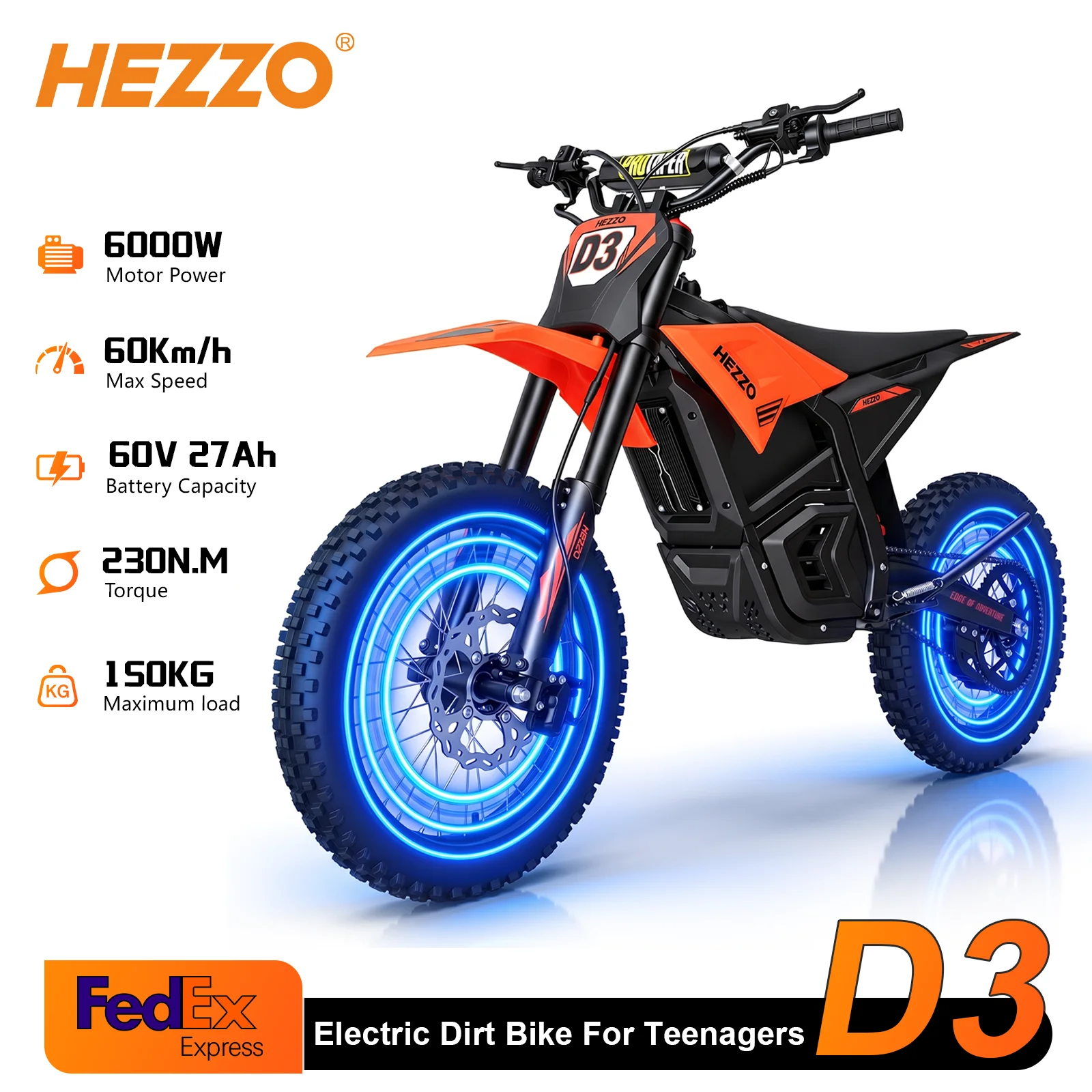 HEZZO D3 Ebike 60V 6000W Electric Dirt Bike For Teens - 46MPH With Hydraulic Brake Vibrant Orange 27Ah Lithium High Performance Motocross E-Bike
HEZZO D3 Ebike 60V 6000W Electric Dirt Bike For Teens - 46MPH With Hydraulic Brake Vibrant Orange 27Ah Lithium High Performance Motocross E-Bike