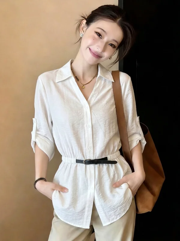 Elegant V-Neck Short Sleeve Shirt Women's plus Size Midi Length Waist-Cinching Top Korean Style Commute Fashion Loose Fit
Elegant V-Neck Short Sleeve Shirt Women's plus Size Midi Length Waist-Cinching Top Korean Style Commute Fashion Loose Fit