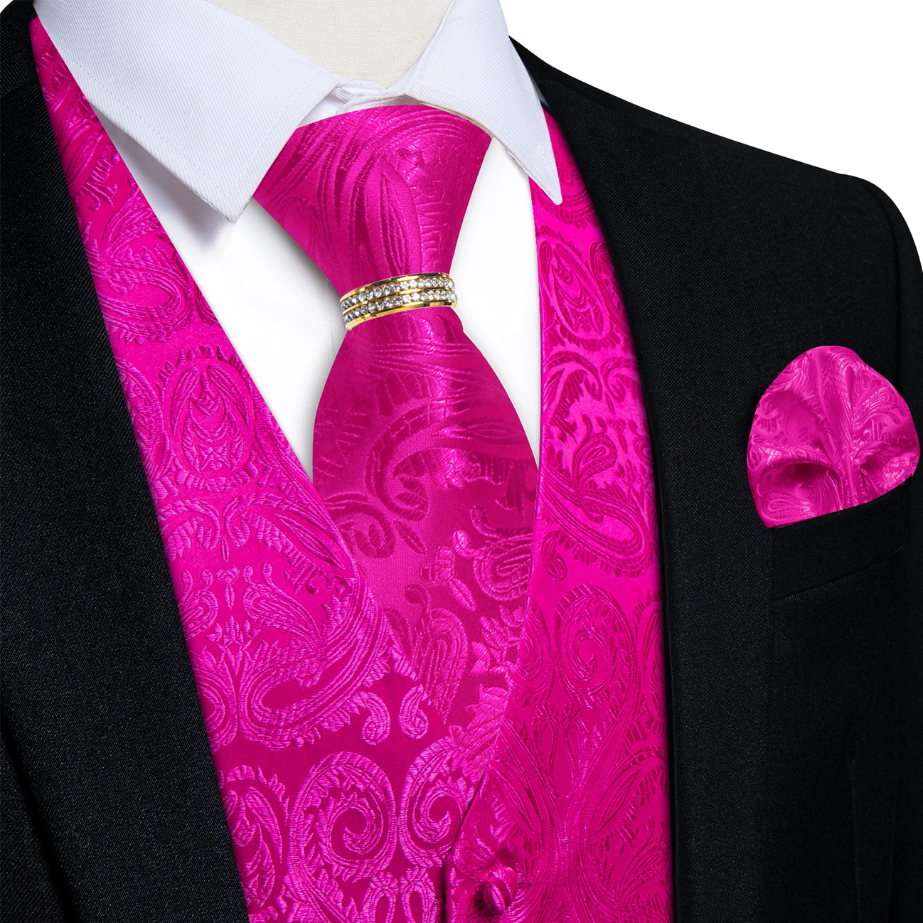 Hot Pink Gloss Paisley Jacquard V-Neck Waistcoat 5Pcs Kit Tie Square Cufflinks Gold Rhinestone Ring For Carnival Party Nightclub
Hot Pink Gloss Paisley Jacquard V-Neck Waistcoat 5Pcs Kit Tie Square Cufflinks Gold Rhinestone Ring For Carnival Party Nightclub