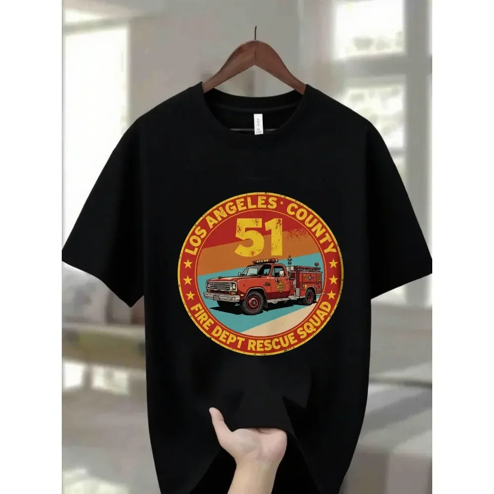 Men's 100% Cotton Crew Neck T - Shirt, Dark Blue with Vintage 'Los Angeles County 51 Fire Dept Rescue Squad' Graphic, Red Fire
Men's 100% Cotton Crew Neck T - Shirt, Dark Blue with Vintage 'Los Angeles County 51 Fire Dept Rescue Squad' Graphic, Red Fire