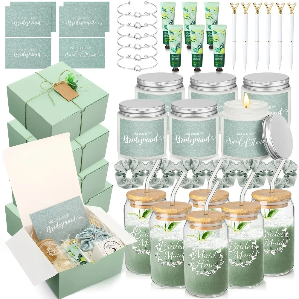 60pcs Bridesmaid Proposal Gift Set, Including a Box, Glass Cup, Candle, Cards, Scrunchies, Hair Ties, Bracelets, Hand Cream, And Diamond Pens in Green
60pcs Bridesmaid Proposal Gift Set, Including a Box, Glass Cup, Candle, Cards, Scrunchies, Hair Ties, Bracelets, Hand Cream, And Diamond Pens in Green