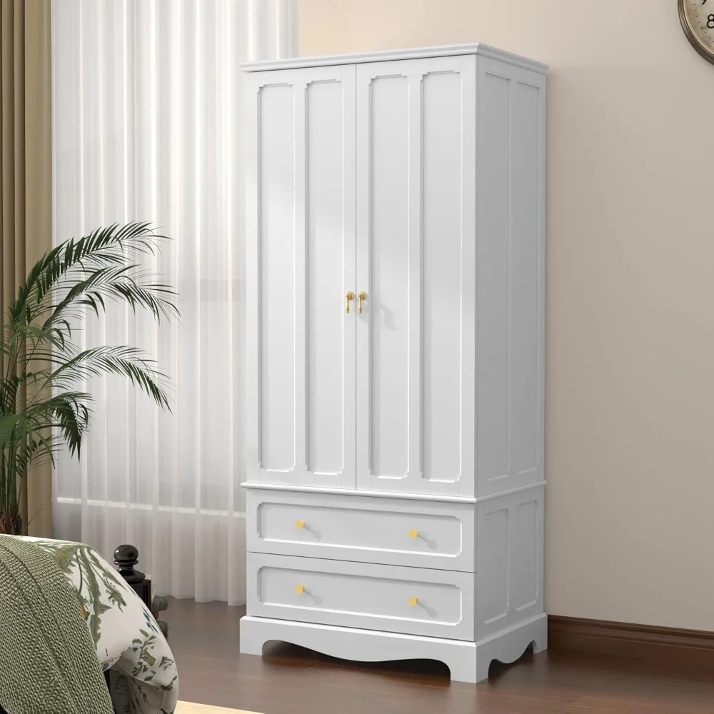 Wooden Wardrobe Closet Cabinet with 2 Drawers & 2 Doors, Freestanding Vintage Tall Antique Armoire with Aluminum Clothes Rail
Wooden Wardrobe Closet Cabinet with 2 Drawers & 2 Doors, Freestanding Vintage Tall Antique Armoire with Aluminum Clothes Rail