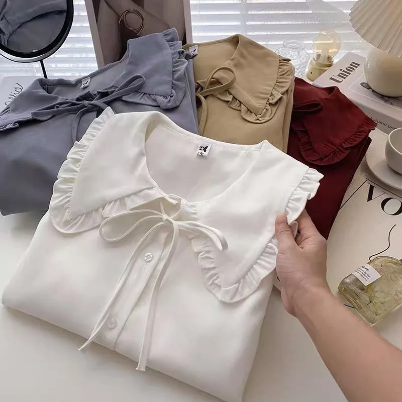 Ruffle Women Shirts Elegant Korean Style Female Top Long Sleeve Peter Pan Collar Shirts White Solid Spring Ladies Fashion Blouse
Ruffle Women Shirts Elegant Korean Style Female Top Long Sleeve Peter Pan Collar Shirts White Solid Spring Ladies Fashion Blouse