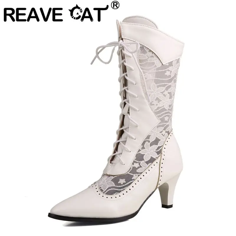 REAVE CAT Fashion Women Summer Mid Calf Boots Pointed Toe Block Heels 6.5cm Lace Up Breathable Mesh Flower Splice Big Size 47 48
REAVE CAT Fashion Women Summer Mid Calf Boots Pointed Toe Block Heels 6.5cm Lace Up Breathable Mesh Flower Splice Big Size 47 48