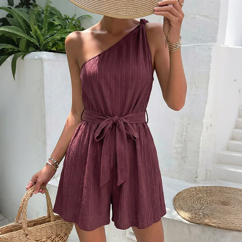 Womens Summer Casual One Shoulder Solid Belted Playsuit Romper For Vacation Beach Daily Wear
Womens Summer Casual One Shoulder Solid Belted Playsuit Romper For Vacation Beach Daily Wear
