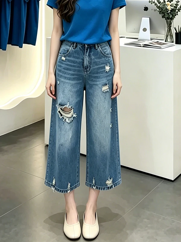 Retro Blue Hole Wide Leg Pants Women's Summer New Loose Slim Small Size Eight Straight Jeans High Waist Denim Ladies Trousers
Retro Blue Hole Wide Leg Pants Women's Summer New Loose Slim Small Size Eight Straight Jeans High Waist Denim Ladies Trousers