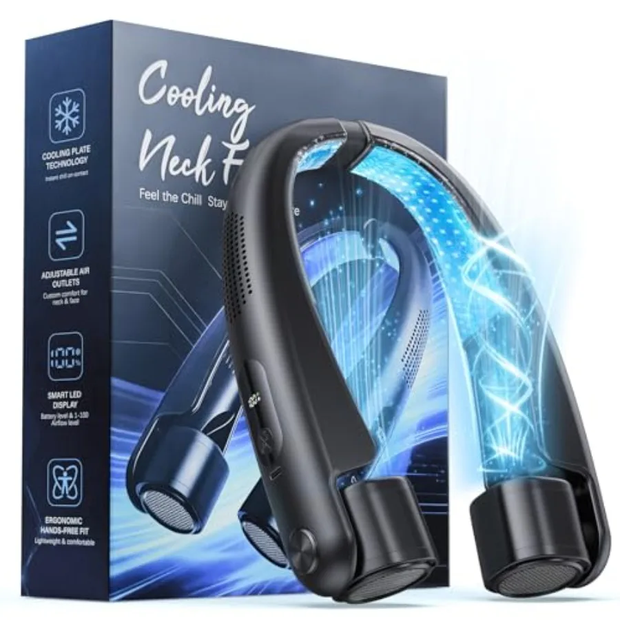 Travel outdoor portable neck fan with cooling plates, ABS plastic body, black color, 1-100 speed control and digital display fo
Travel outdoor portable neck fan with cooling plates, ABS plastic body, black color, 1-100 speed control and digital display fo