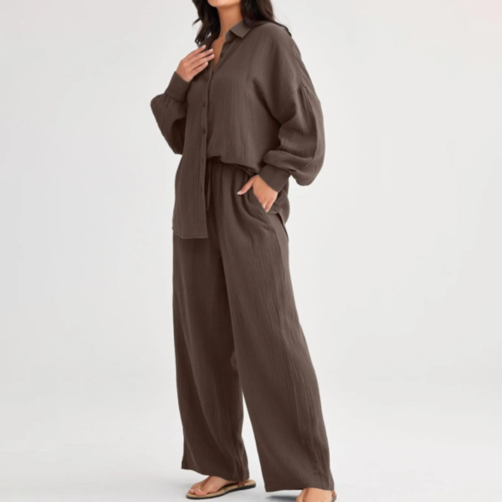 Women Shirt Long Pants Two Piece Outfits Vintage Solid Color Long Sleeve Button Down Lapel Shirt Loose Straight Leg Pantsuit
Women Shirt Long Pants Two Piece Outfits Vintage Solid Color Long Sleeve Button Down Lapel Shirt Loose Straight Leg Pantsuit
