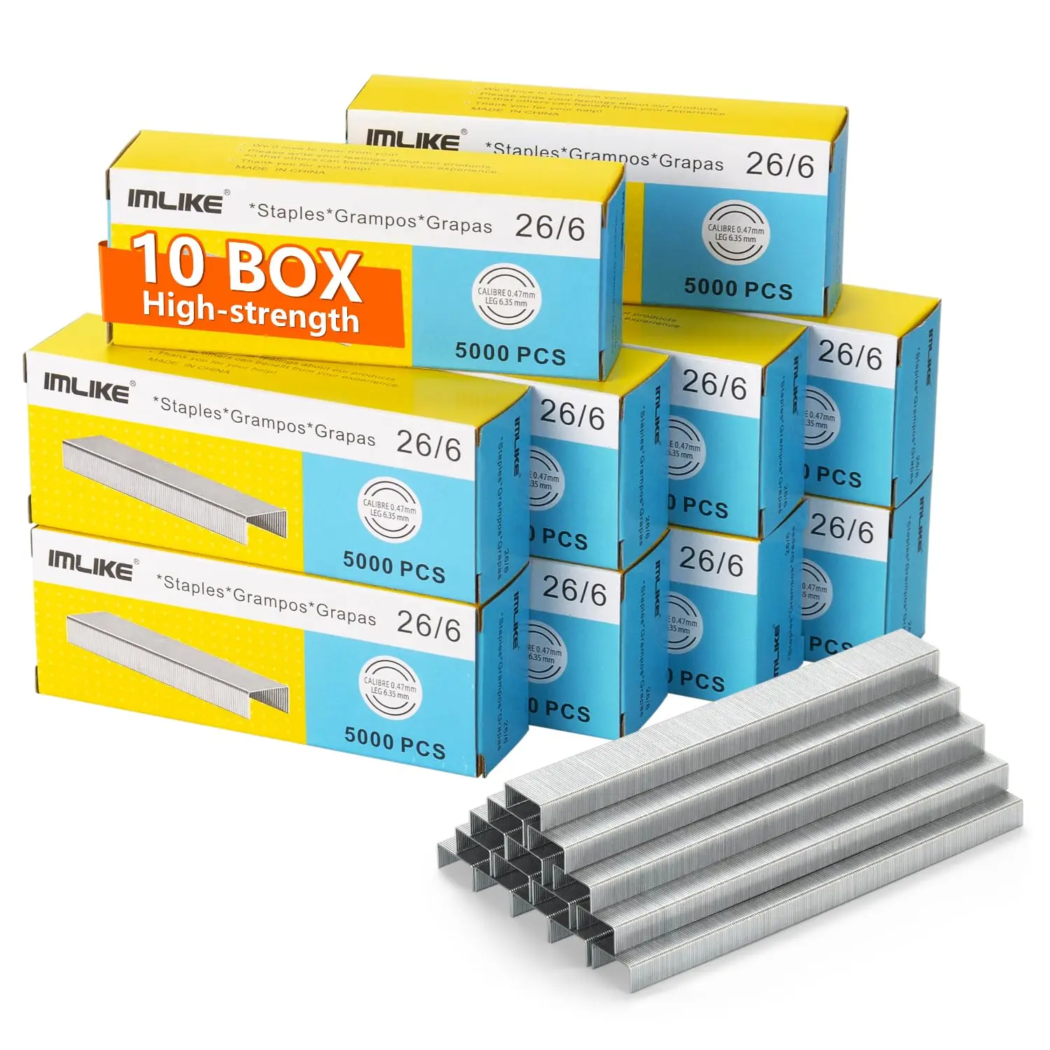IMLIKE 26/6 Standard Staples 1/4"-10 Boxes (50,000 Staples), 210/Strip, Chisel Point, Jam-Free, for Office & Home Staplers
IMLIKE 26/6 Standard Staples 1/4"-10 Boxes (50,000 Staples), 210/Strip, Chisel Point, Jam-Free, for Office & Home Staplers