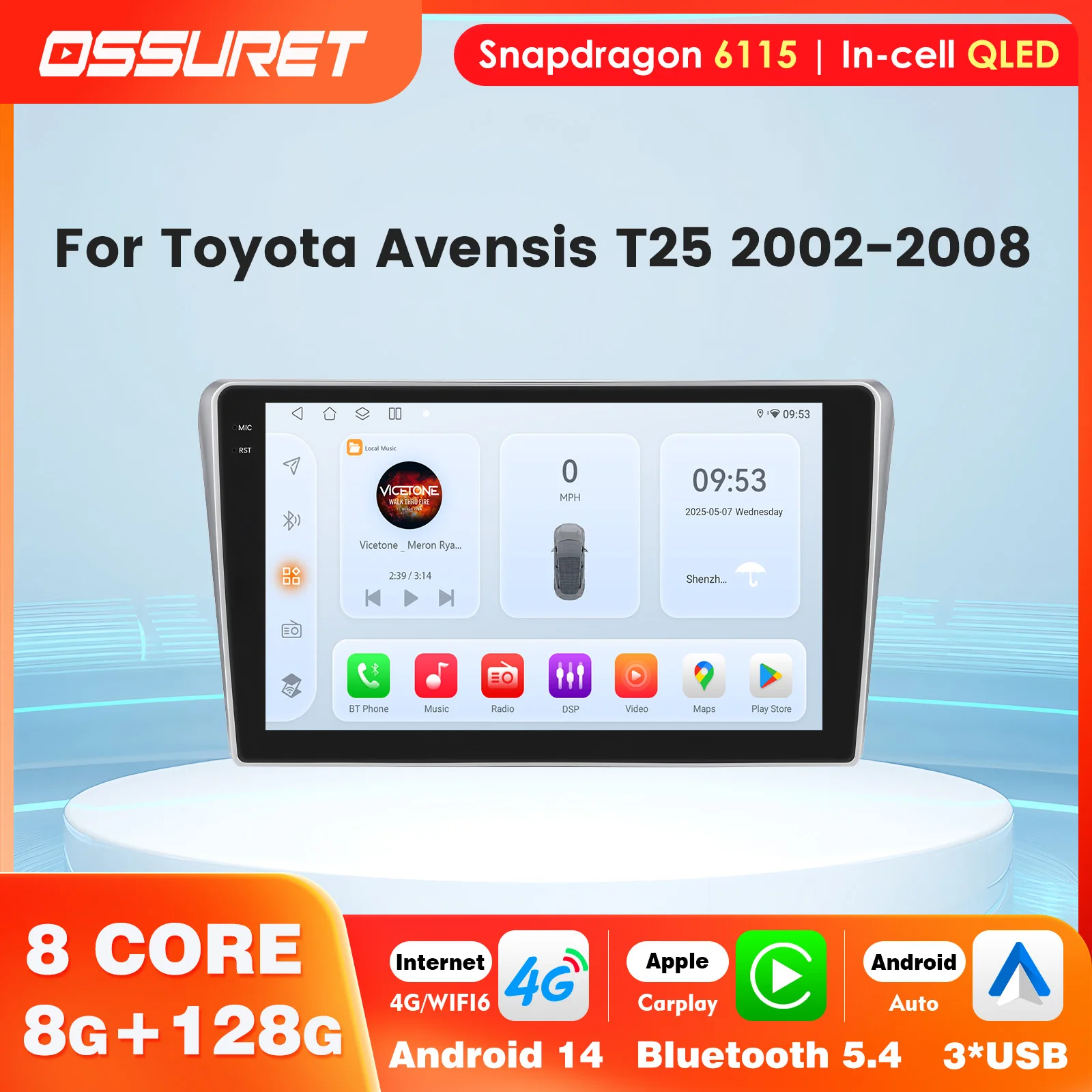 OSSURET Snapdragon 6115 Autoradio Android 14 Carplay for Toyota Avensis 2002-2005 2006 2007 2008 Car Intelligent System Stereo
OSSURET Snapdragon 6115 Autoradio Android 14 Carplay for Toyota Avensis 2002-2005 2006 2007 2008 Car Intelligent System Stereo