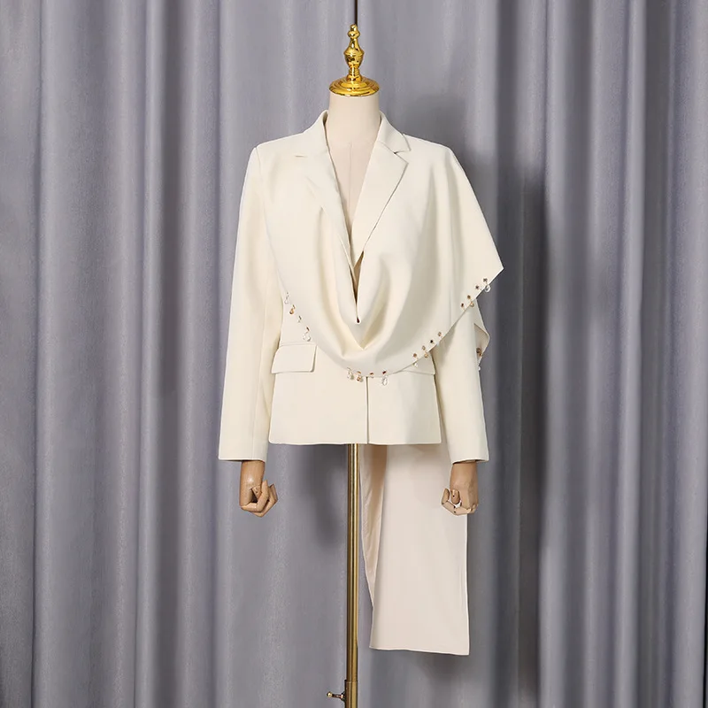 Women’s Cream White Blazer Collar Draped Ruched Rivet Embellished Asymmetric Hem Long Sleeve Blazer Elegant Date Outfit
Women’s Cream White Blazer Collar Draped Ruched Rivet Embellished Asymmetric Hem Long Sleeve Blazer Elegant Date Outfit