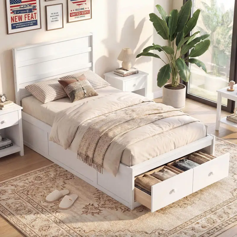 Twin Size Bed Frame with Storage Drawers and Headboard-White
Twin Size Bed Frame with Storage Drawers and Headboard-White