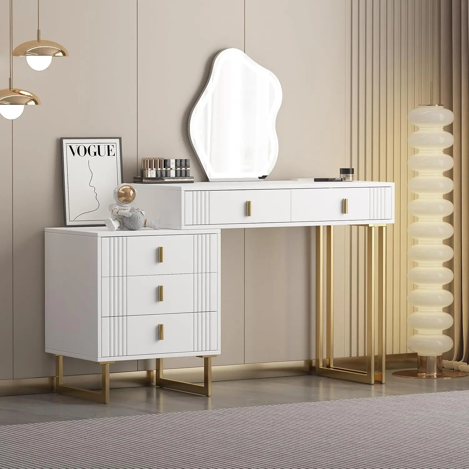 White Vanity Makeup Mirror Desk with 3-Color Touch Screen Illuminated Lights ,Girls vanities Set Table with 5 Drawers and Mirror
White Vanity Makeup Mirror Desk with 3-Color Touch Screen Illuminated Lights ,Girls vanities Set Table with 5 Drawers and Mirror