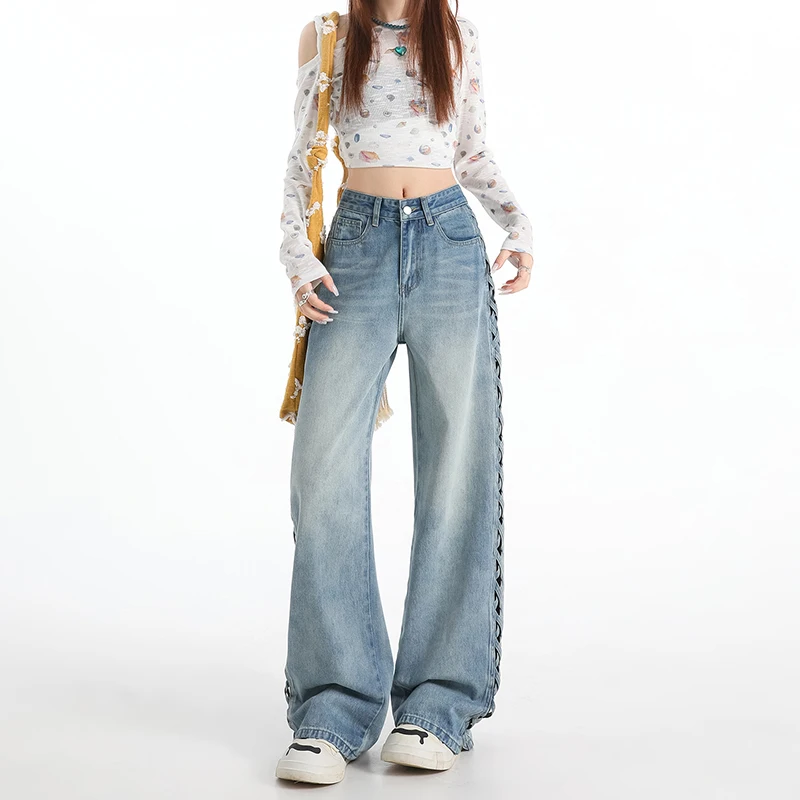Women's High Waist Wide Leg Jeans Light Blue Washed with Side Crisscross Cutout Detail Casual Streetwear Loose Straight
Women's High Waist Wide Leg Jeans Light Blue Washed with Side Crisscross Cutout Detail Casual Streetwear Loose Straight