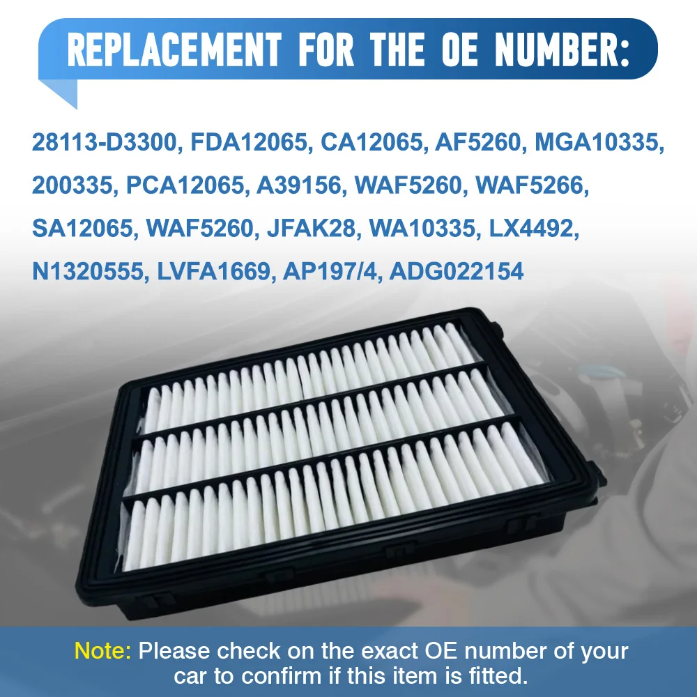 28113-D3300 Car Intake Engine Air Filter For Hyundai Tucson 2016–2021 Kia Sportage 2017–2022 FDA12065 CA12065 AF5260 MGA10335
28113-D3300 Car Intake Engine Air Filter For Hyundai Tucson 2016–2021 Kia Sportage 2017–2022 FDA12065 CA12065 AF5260 MGA10335