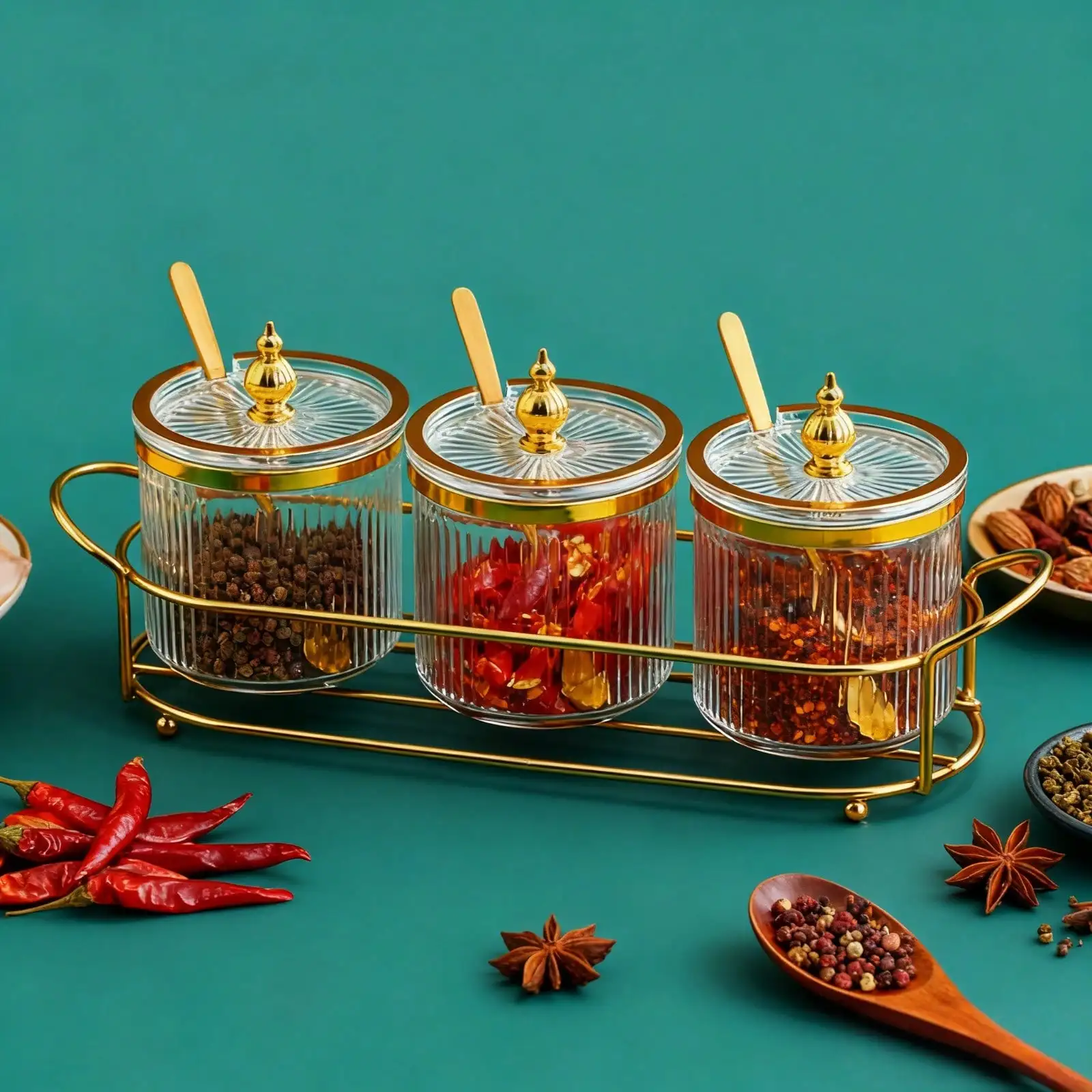 3-Compartment Spice Jar Set | 3 Spoons, Gold Round Stand, Stackable Tower Design
3-Compartment Spice Jar Set | 3 Spoons, Gold Round Stand, Stackable Tower Design